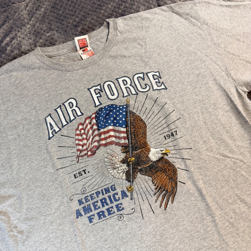 Bayside US Air Force Eagle American Flag Graphic Tee Gray Mens XL Made in USA